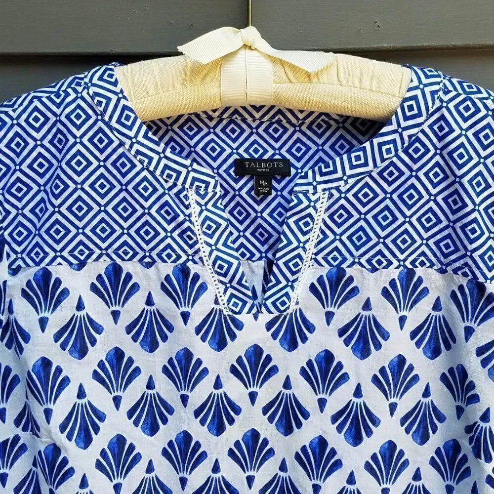 Talbot's Blue White Geometric Print Cotton Top size MP - Picture 4 of 8